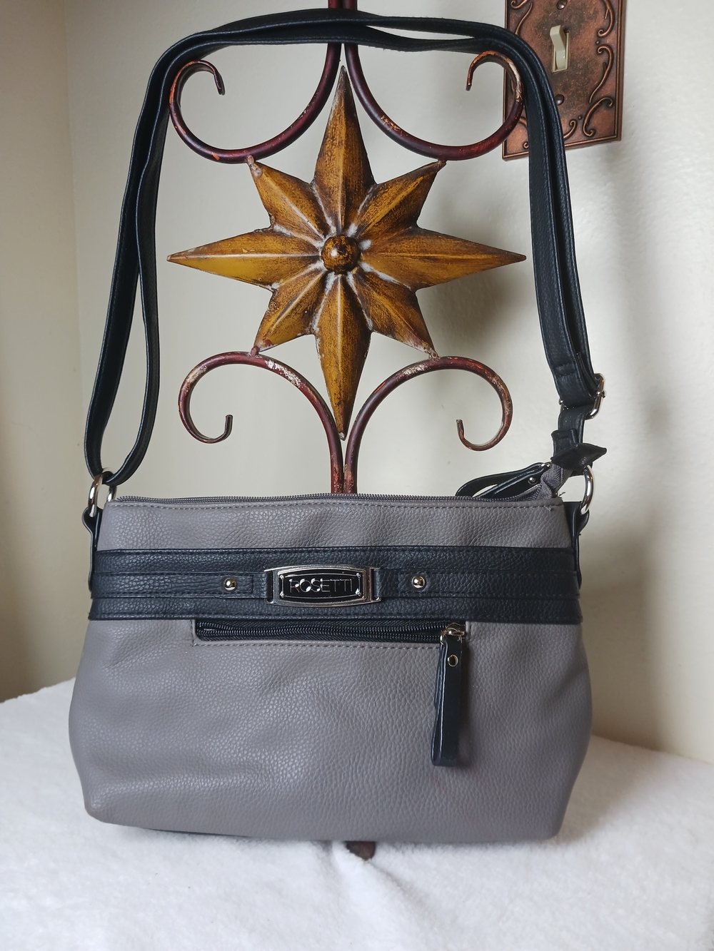 Grey and Black Leather Crossbody Bag